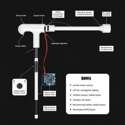 An intricate and innovative white cane designed for visually impaired individuals, showcasing advanced technology integration