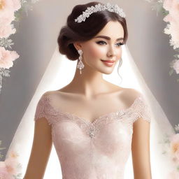 A digital art depiction of a bride, elegantly dressed in a beautiful wedding gown