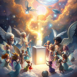 A vibrant scene depicting diverse spirits in a ethereal setting, actively engaged in a democratic vote for a ruler of the universe