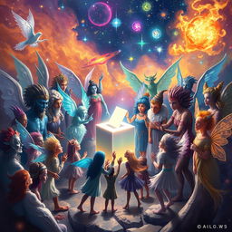 A vibrant scene depicting diverse spirits in a ethereal setting, actively engaged in a democratic vote for a ruler of the universe