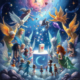 A vibrant scene depicting diverse spirits in a ethereal setting, actively engaged in a democratic vote for a ruler of the universe