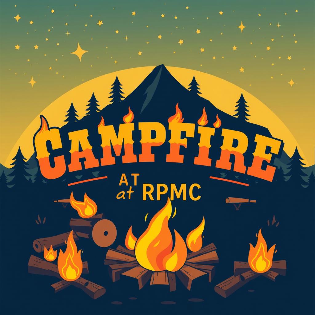 A vibrant campfire party poster design featuring a bold and rugged aesthetic