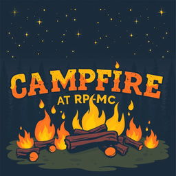 A vibrant campfire party poster design featuring a bold and rugged aesthetic