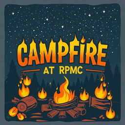 A vibrant campfire party poster design featuring a bold and rugged aesthetic