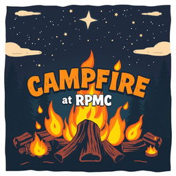 A vibrant campfire party poster design featuring a bold and rugged aesthetic