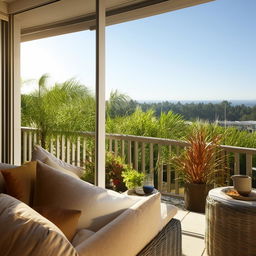 A sunny day highlights a welcoming balcony with plush seating, vibrant plants and a serene view.