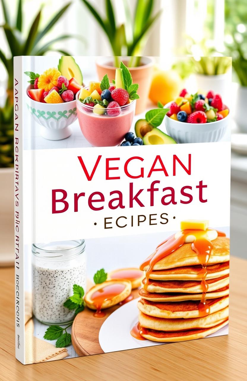 A beautifully designed book cover featuring a vibrant array of vegan breakfast dishes