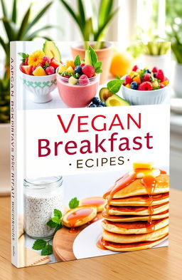 A beautifully designed book cover featuring a vibrant array of vegan breakfast dishes