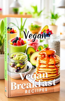 A beautifully designed book cover featuring a vibrant array of vegan breakfast dishes