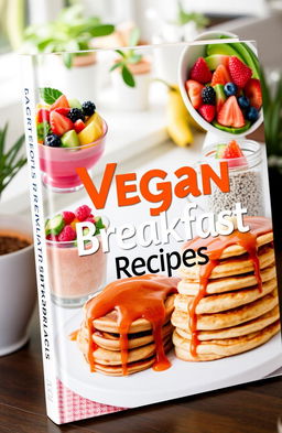 A beautifully designed book cover featuring a vibrant array of vegan breakfast dishes
