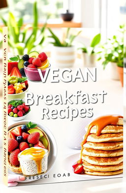 A beautifully designed book cover featuring a vibrant array of vegan breakfast dishes