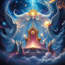 A cosmic scene featuring giant spirits with ethereal forms, each representing different elements of the universe, such as stars, planets, and galaxies