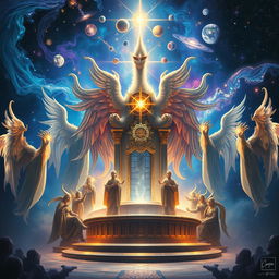 A cosmic scene featuring giant spirits with ethereal forms, each representing different elements of the universe, such as stars, planets, and galaxies