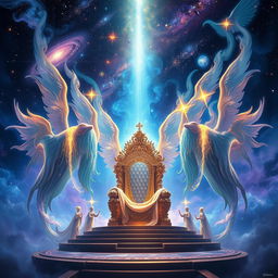 A cosmic scene featuring giant spirits with ethereal forms, each representing different elements of the universe, such as stars, planets, and galaxies