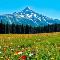 A vibrant and colorful landscape featuring a majestic mountain range in the background with a clear blue sky