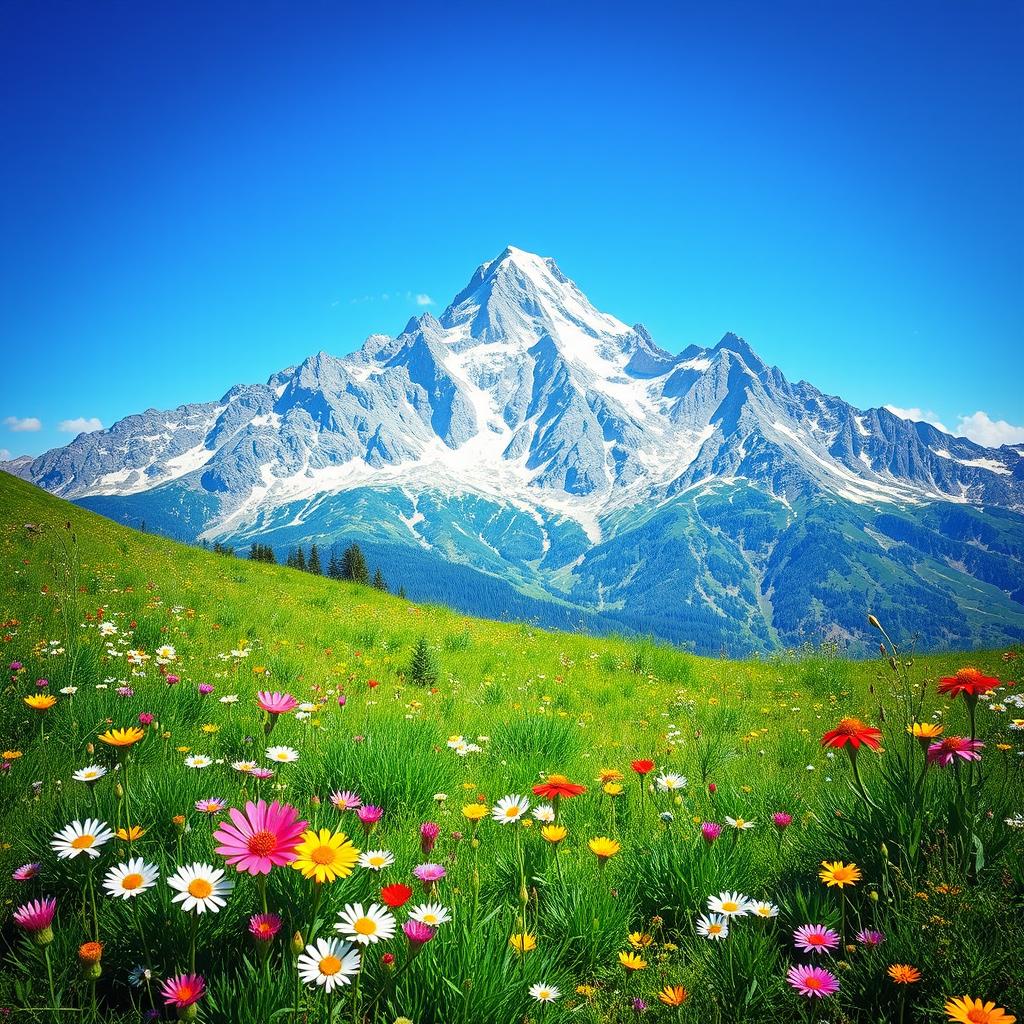 A vibrant and colorful landscape featuring a majestic mountain range in the background with a clear blue sky