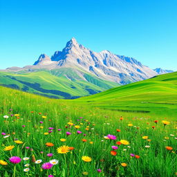 A vibrant and colorful landscape featuring a majestic mountain range in the background with a clear blue sky