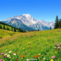A vibrant and colorful landscape featuring a majestic mountain range in the background with a clear blue sky
