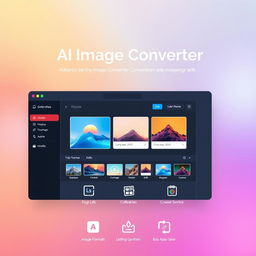 An advanced AI image converter interface demonstrating intuitive design, featuring vibrant colors and sleek lines, showcasing various image formats and editing options