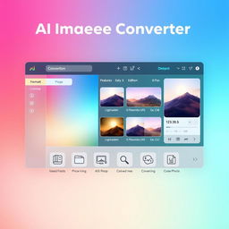 An advanced AI image converter interface demonstrating intuitive design, featuring vibrant colors and sleek lines, showcasing various image formats and editing options