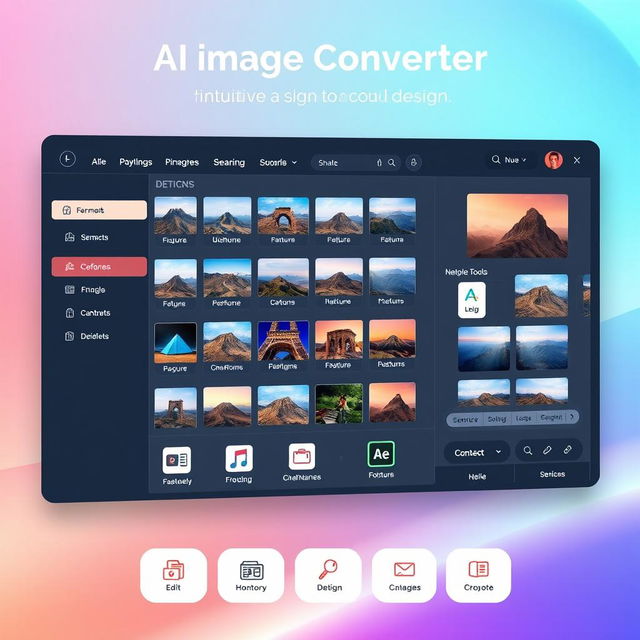 An advanced AI image converter interface demonstrating intuitive design, featuring vibrant colors and sleek lines, showcasing various image formats and editing options