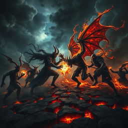 A dark and intense scene depicting black spirits and demons engaged in a fierce battle for control over man