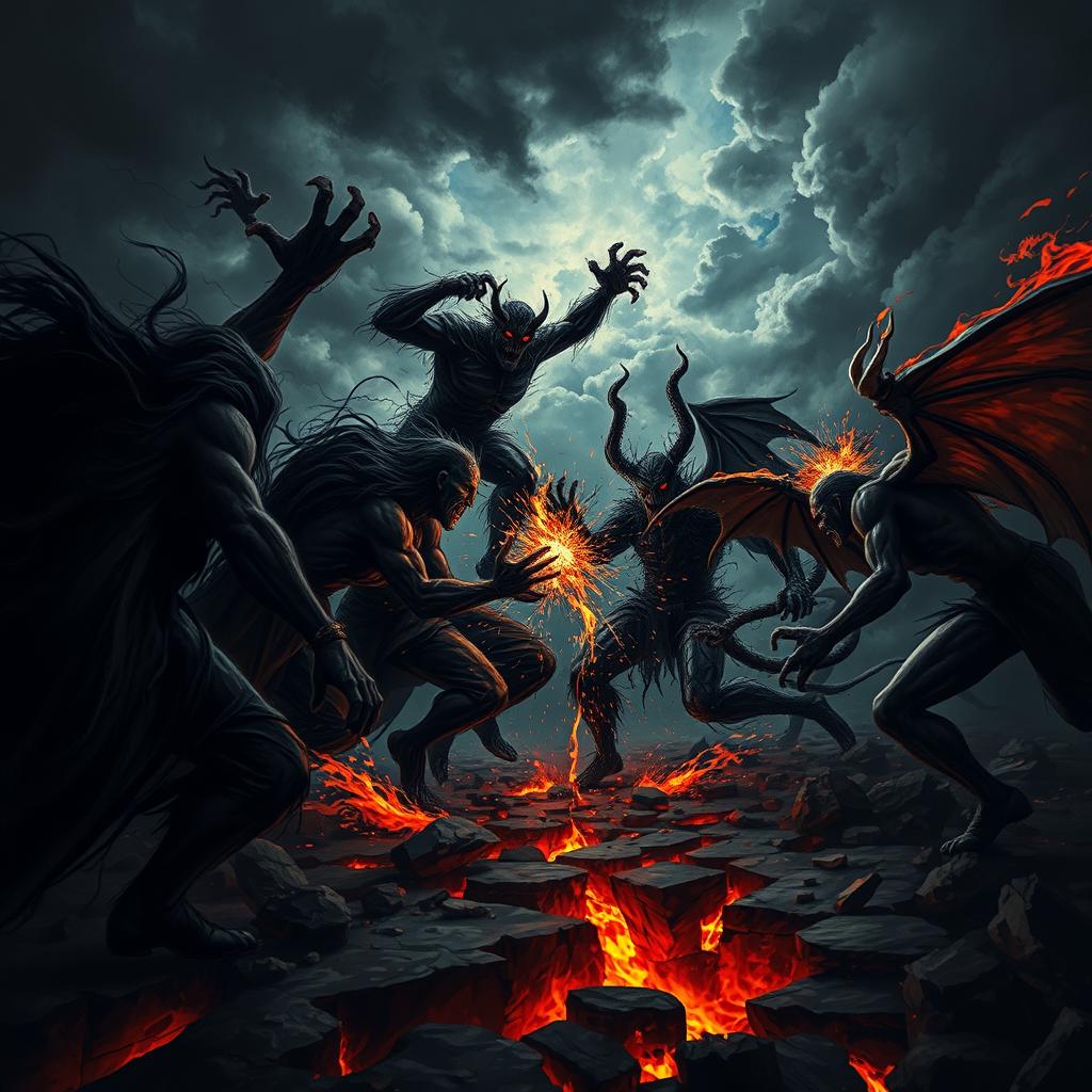 A dark and intense scene depicting black spirits and demons engaged in a fierce battle for control over man