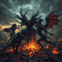 A dark and intense scene depicting black spirits and demons engaged in a fierce battle for control over man