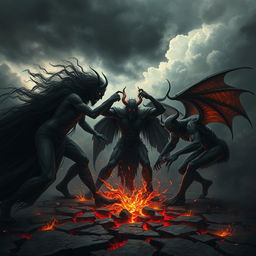 A dark and intense scene depicting black spirits and demons engaged in a fierce battle for control over man