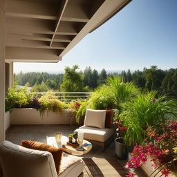 A sunny day highlights a welcoming balcony with plush seating, vibrant plants and a serene view.