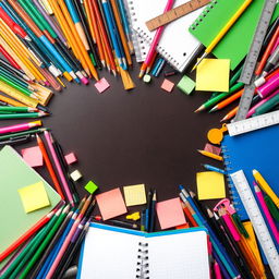 A colorful artistic background filled with various stationery items such as pens, pencils, markers, notebooks, rulers, and sticky notes, arranged creatively to create a dynamic and engaging composition