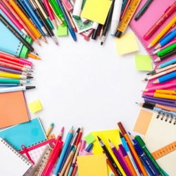 A colorful artistic background filled with various stationery items such as pens, pencils, markers, notebooks, rulers, and sticky notes, arranged creatively to create a dynamic and engaging composition