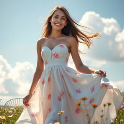 A beautiful young woman wearing an elegant summer dress, adorned with floral patterns and soft pastel colors