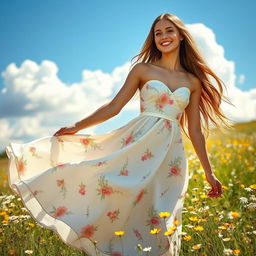 A beautiful young woman wearing an elegant summer dress, adorned with floral patterns and soft pastel colors