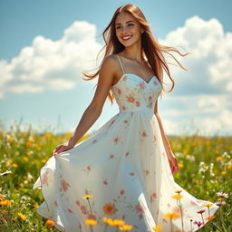 A beautiful young woman wearing an elegant summer dress, adorned with floral patterns and soft pastel colors
