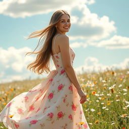 A beautiful young woman wearing an elegant summer dress, adorned with floral patterns and soft pastel colors