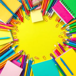A vibrant and artistic background filled with an assortment of stationery items such as colorful pens, notebooks, sticky notes, paperclips, and markers, creatively arranged to form a lively and inspiring composition