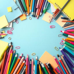 A vibrant and artistic background filled with an assortment of stationery items such as colorful pens, notebooks, sticky notes, paperclips, and markers, creatively arranged to form a lively and inspiring composition
