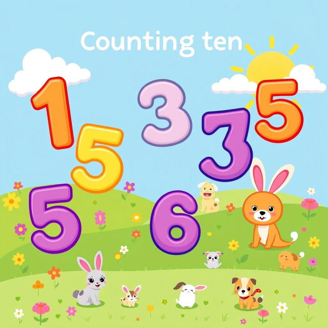 A vibrant and colorful illustration of counting numbers from one to ten, designed in a playful and educational style