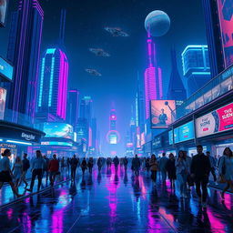 A stunning sci-fi cityscape at night, illuminated by vibrant neon lights in shades of blue, purple, and pink