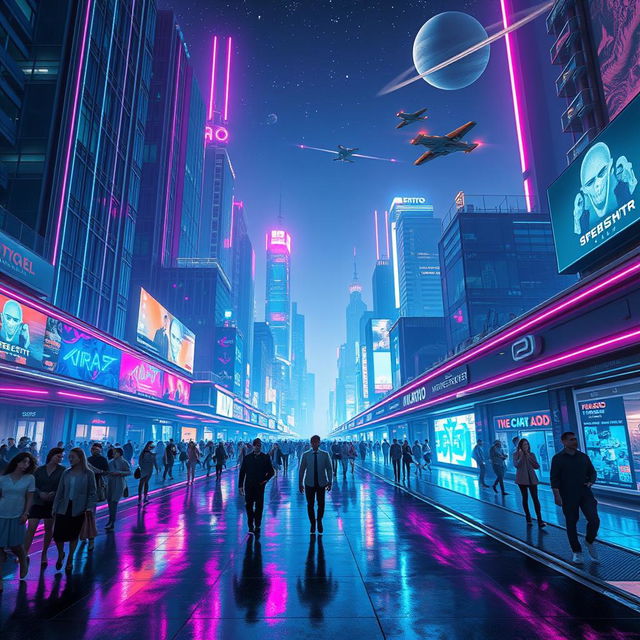 A stunning sci-fi cityscape at night, illuminated by vibrant neon lights in shades of blue, purple, and pink