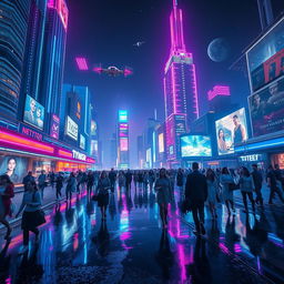 A stunning sci-fi cityscape at night, illuminated by vibrant neon lights in shades of blue, purple, and pink