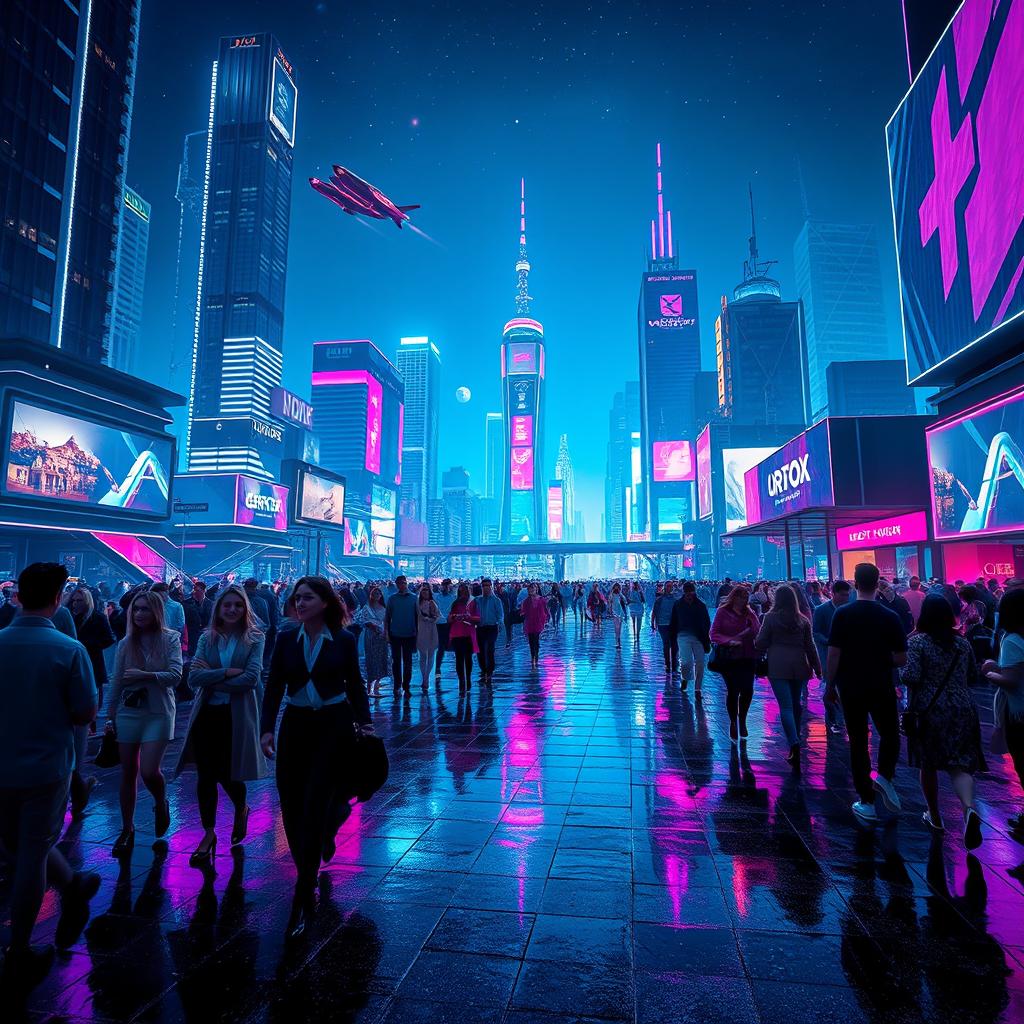 A stunning sci-fi cityscape at night, illuminated by vibrant neon lights in shades of blue, purple, and pink