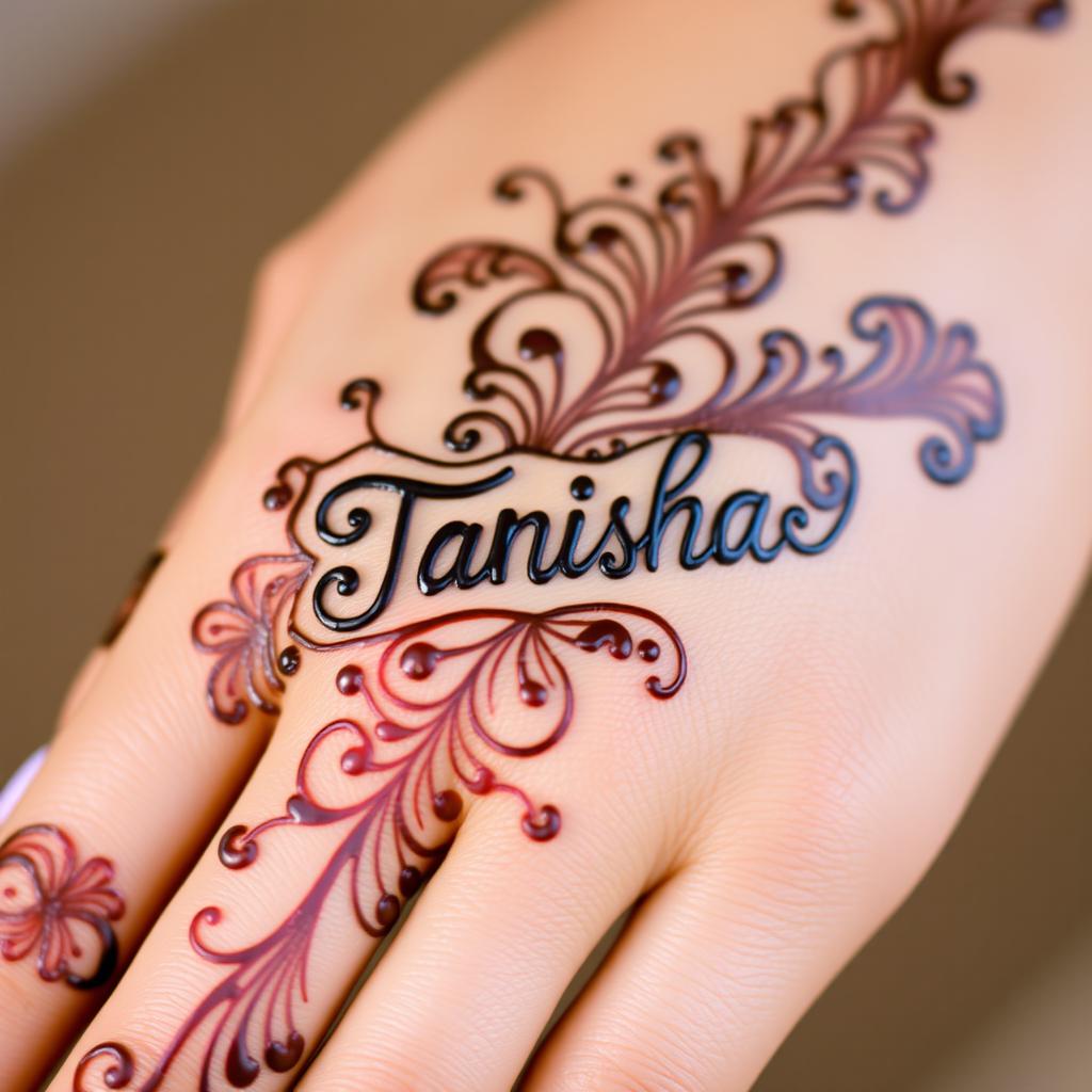 A close-up view of a beautifully decorated hand with intricate mehendi designs featuring the word 'Tanisha' elegantly incorporated into the patterns