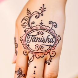 A close-up view of a beautifully decorated hand with intricate mehendi designs featuring the word 'Tanisha' elegantly incorporated into the patterns