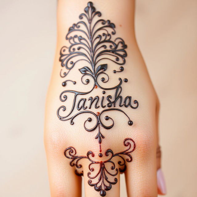 A close-up view of a beautifully decorated hand with intricate mehendi designs featuring the word 'Tanisha' elegantly incorporated into the patterns