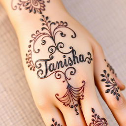 A close-up view of a beautifully decorated hand with intricate mehendi designs featuring the word 'Tanisha' elegantly incorporated into the patterns