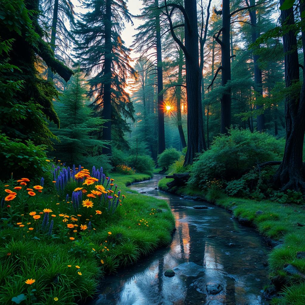A stunning, enchanting forest at dusk, with deep emerald green foliage and vibrant wildflowers blooming in a riot of colors including yellows, purples, and reds