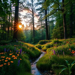 A stunning, enchanting forest at dusk, with deep emerald green foliage and vibrant wildflowers blooming in a riot of colors including yellows, purples, and reds