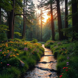 A stunning, enchanting forest at dusk, with deep emerald green foliage and vibrant wildflowers blooming in a riot of colors including yellows, purples, and reds